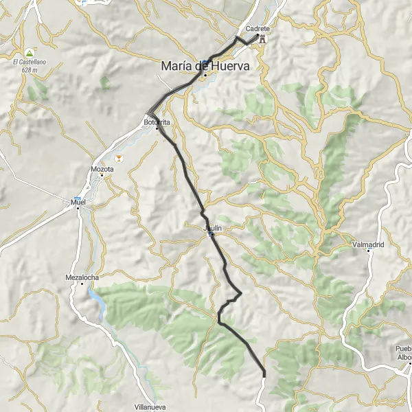 Map miniature of "Cadrete Road Beauty" cycling inspiration in Aragón, Spain. Generated by Tarmacs.app cycling route planner