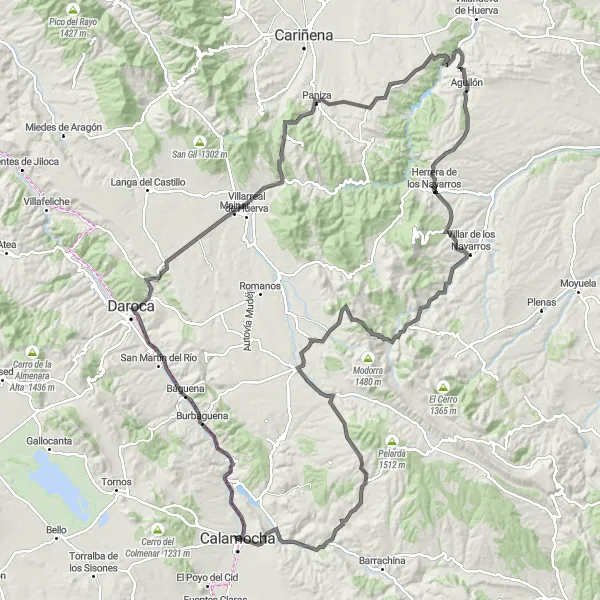 Miniatura della mappa di ispirazione al ciclismo "Giro in bicicletta da Calamocha" nella regione di Aragón, Spain. Generata da Tarmacs.app, pianificatore di rotte ciclistiche