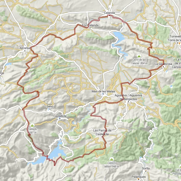 Miniatuurkaart van de fietsinspiratie "Gravel route naar La Ginebrosa en Las Parras de Castellote" in Aragón, Spain. Gemaakt door de Tarmacs.app fietsrouteplanner