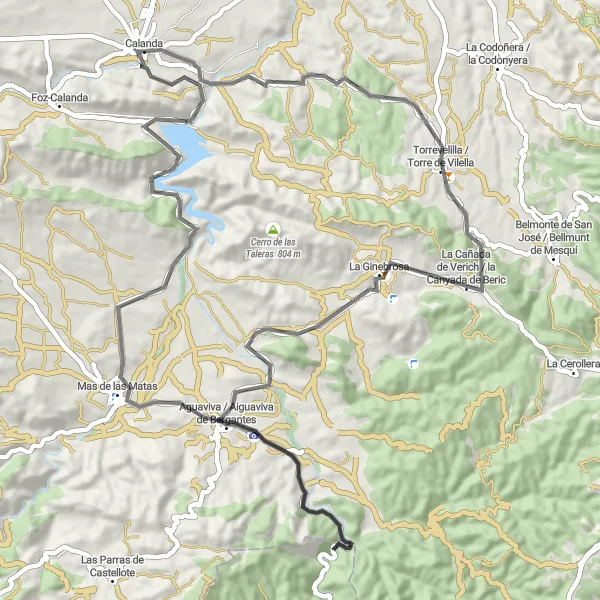 Miniatua del mapa de inspiración ciclista "Ruta en bicicleta de carretera desde Calanda" en Aragón, Spain. Generado por Tarmacs.app planificador de rutas ciclistas