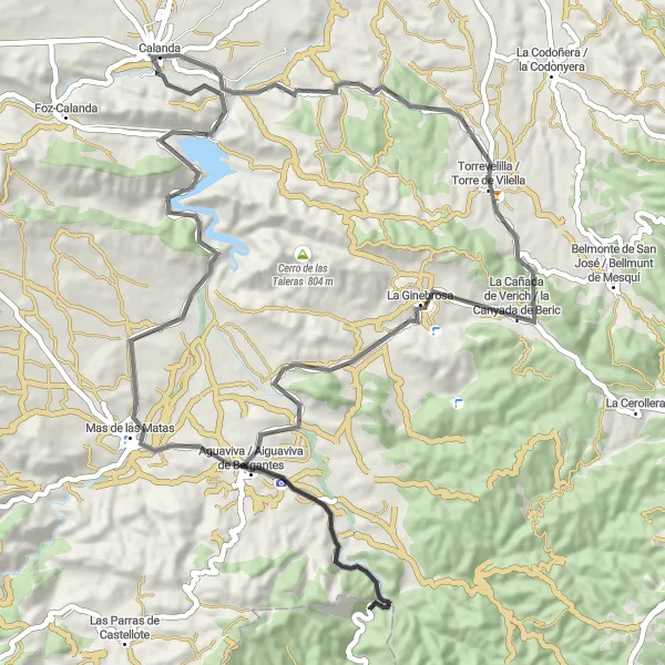 Miniatuurkaart van de fietsinspiratie "Wegroute naar Torrevelilla, Catma en Aguaviva de Bergantes" in Aragón, Spain. Gemaakt door de Tarmacs.app fietsrouteplanner