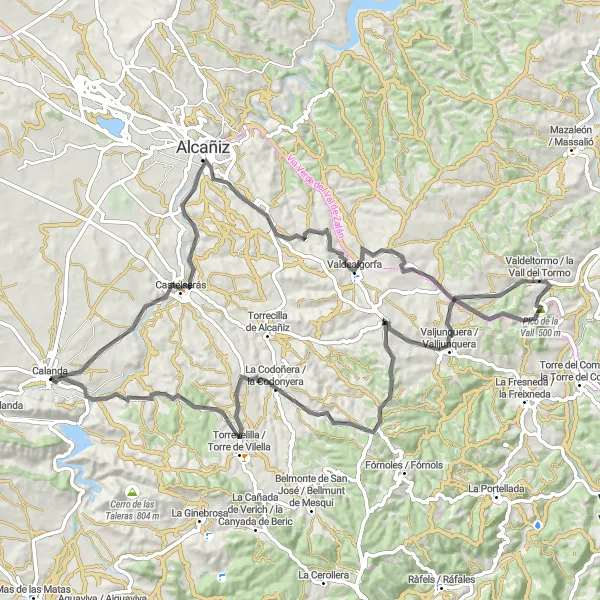 Miniatua del mapa de inspiración ciclista "Ruta en bicicleta de carretera desde Calanda a La Codoñera / la Codonyera" en Aragón, Spain. Generado por Tarmacs.app planificador de rutas ciclistas