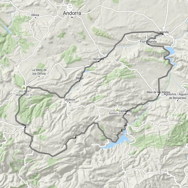 Miniaturní mapa "Okružní cyklistická trasa okolo Calandy" inspirace pro cyklisty v oblasti Aragón, Spain. Vytvořeno pomocí plánovače tras Tarmacs.app