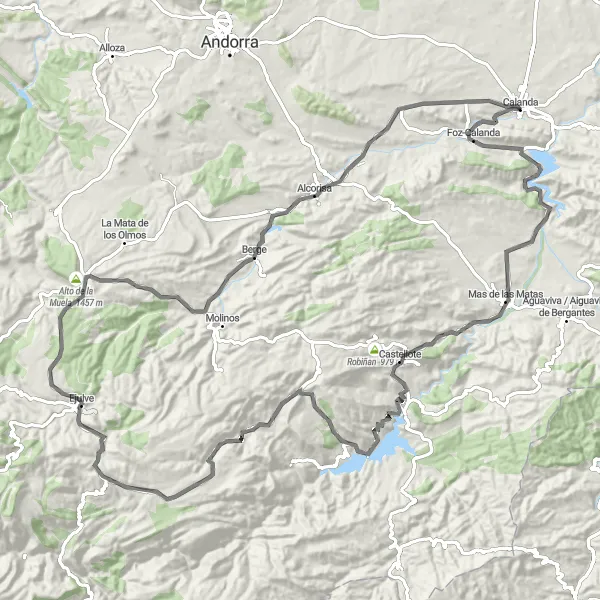 Miniatuurkaart van de fietsinspiratie "Fietsen van Calanda naar Foz-Calanda" in Aragón, Spain. Gemaakt door de Tarmacs.app fietsrouteplanner