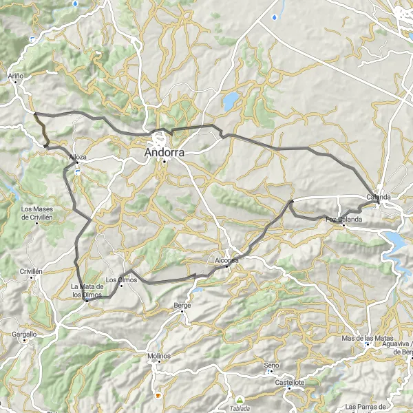 Miniatua del mapa de inspiración ciclista "Ruta de ciclismo de carretera cerca de Calanda" en Aragón, Spain. Generado por Tarmacs.app planificador de rutas ciclistas