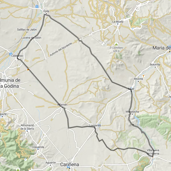 Miniatura della mappa di ispirazione al ciclismo "Tour in bicicletta da Lucena de Jalón a Calatorao" nella regione di Aragón, Spain. Generata da Tarmacs.app, pianificatore di rotte ciclistiche