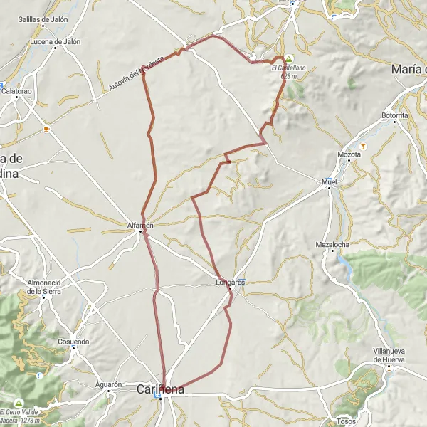 Map miniature of "Gravel Escape: Alfamén and Longares" cycling inspiration in Aragón, Spain. Generated by Tarmacs.app cycling route planner