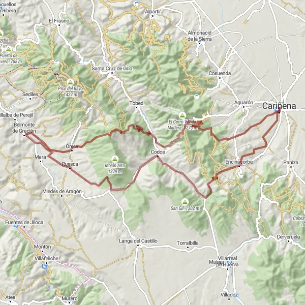 Map miniature of "Ultimate Gravel Challenge: Orera and Codos" cycling inspiration in Aragón, Spain. Generated by Tarmacs.app cycling route planner