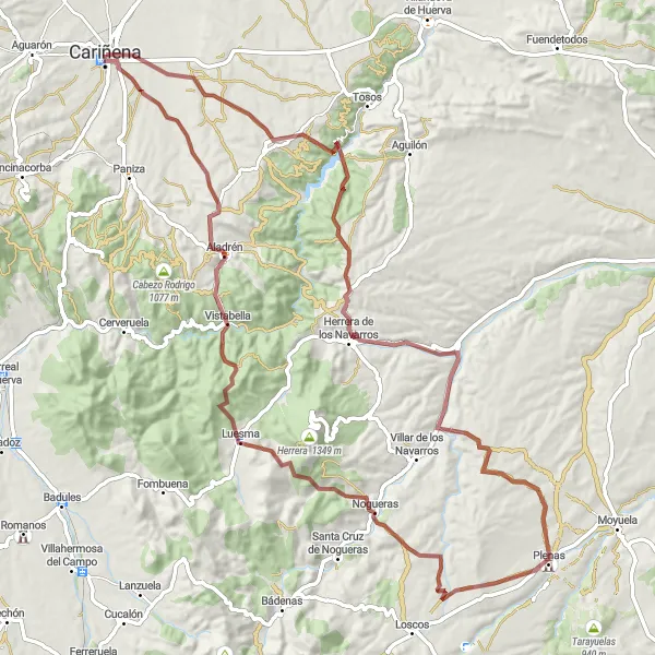 Map miniature of "Herrera de los Navarros and Cariñena Gravel Challenge" cycling inspiration in Aragón, Spain. Generated by Tarmacs.app cycling route planner