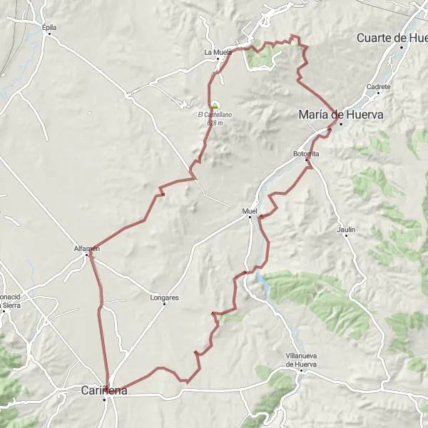Miniatura della mappa di ispirazione al ciclismo "Esplorazione in bicicletta da Alfamén a Muel" nella regione di Aragón, Spain. Generata da Tarmacs.app, pianificatore di rotte ciclistiche