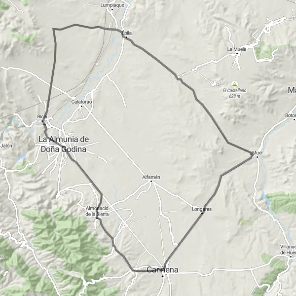 Miniatura della mappa di ispirazione al ciclismo "Tour ciclistico da Cosuenda a Longares" nella regione di Aragón, Spain. Generata da Tarmacs.app, pianificatore di rotte ciclistiche