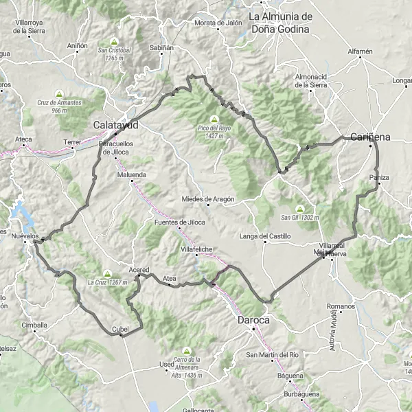 Miniature de la carte de l'inspiration cycliste "Le Tour des Vins de Cariñena" dans la Aragón, Spain. Générée par le planificateur d'itinéraire cycliste Tarmacs.app
