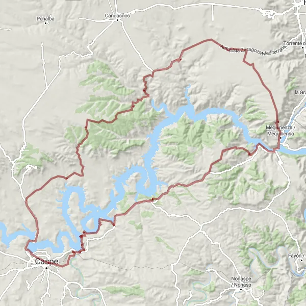 Miniatua del mapa de inspiración ciclista "Ruta Gravel Caspe - Casa Palacio Piazuelo Barberán - Mequinenza / Mequinensa - Caspe" en Aragón, Spain. Generado por Tarmacs.app planificador de rutas ciclistas
