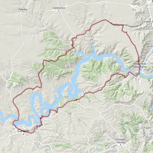 Miniature de la carte de l'inspiration cycliste "Les Charms de Mequinenza" dans la Aragón, Spain. Générée par le planificateur d'itinéraire cycliste Tarmacs.app