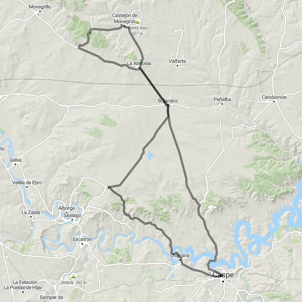 Map miniature of "Road Route: Caspe to Casa Palacio Piazuelo Barberán" cycling inspiration in Aragón, Spain. Generated by Tarmacs.app cycling route planner