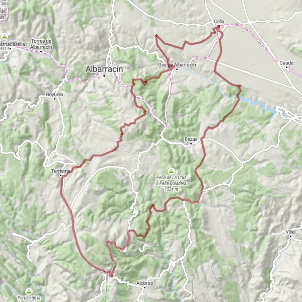 Miniatua del mapa de inspiración ciclista "Gran Ruta de Montaña: Cella - Alto de la Laguna - Jabaloyas - Alto del Refrontón - Terriente - Saldón - Cerro Montero - Cella" en Aragón, Spain. Generado por Tarmacs.app planificador de rutas ciclistas