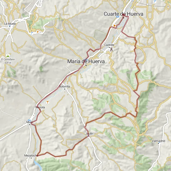 Karten-Miniaturansicht der Radinspiration "Gravelabenteuer durch die Umgebung von Cuarte de Huerva" in Aragón, Spain. Erstellt vom Tarmacs.app-Routenplaner für Radtouren