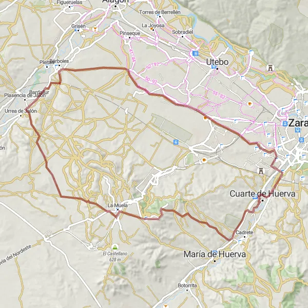 Miniaturní mapa "Gravelové dobrodružství" inspirace pro cyklisty v oblasti Aragón, Spain. Vytvořeno pomocí plánovače tras Tarmacs.app