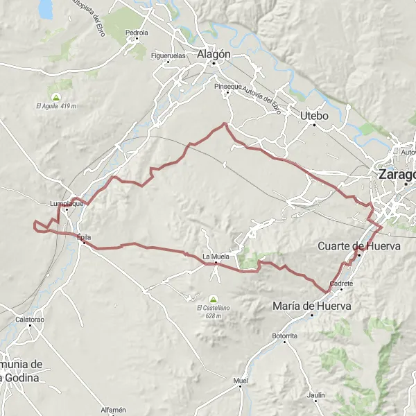 Map miniature of "Gravel Escapade: Cuarte to Rueda de Jalón" cycling inspiration in Aragón, Spain. Generated by Tarmacs.app cycling route planner