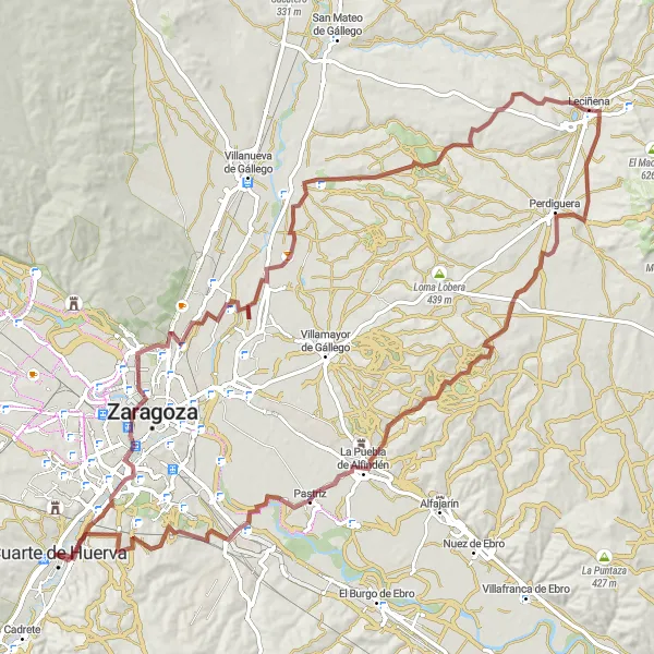 Miniatura della mappa di ispirazione al ciclismo "Tour in Gravel tra i Paesaggi di Cuarte de Huerva" nella regione di Aragón, Spain. Generata da Tarmacs.app, pianificatore di rotte ciclistiche