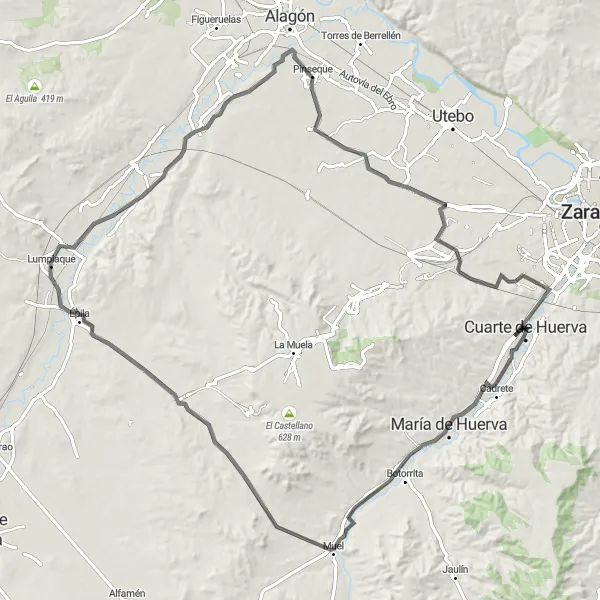 Karten-Miniaturansicht der Radinspiration "Rundfahrt von Cuarte de Huerva nach María de Huerva" in Aragón, Spain. Erstellt vom Tarmacs.app-Routenplaner für Radtouren