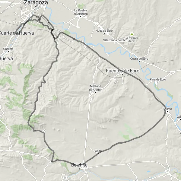 Map miniature of "The Ultimate Challenge: Cuarte to Albortón" cycling inspiration in Aragón, Spain. Generated by Tarmacs.app cycling route planner