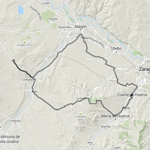 Map miniature of "Cuarte Loop via Ëpila" cycling inspiration in Aragón, Spain. Generated by Tarmacs.app cycling route planner