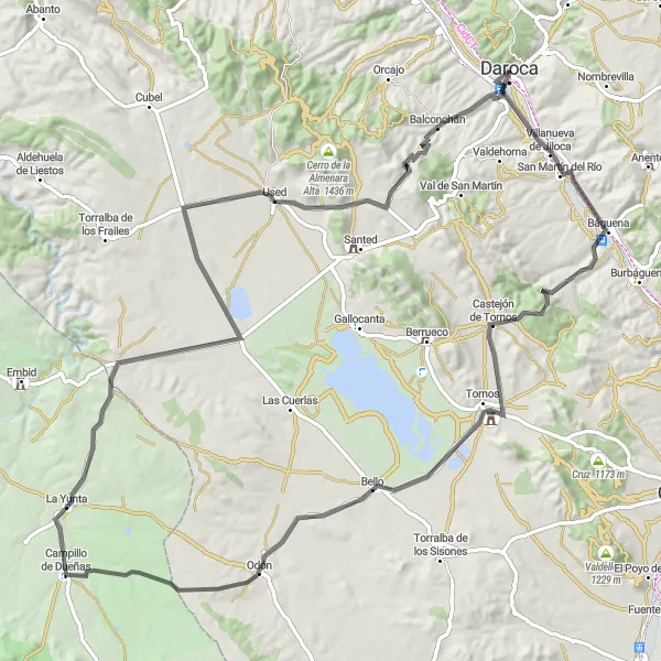 Miniatura della mappa di ispirazione al ciclismo "Avventura ciclistica tra Villanueva de Jiloca e Daroca" nella regione di Aragón, Spain. Generata da Tarmacs.app, pianificatore di rotte ciclistiche