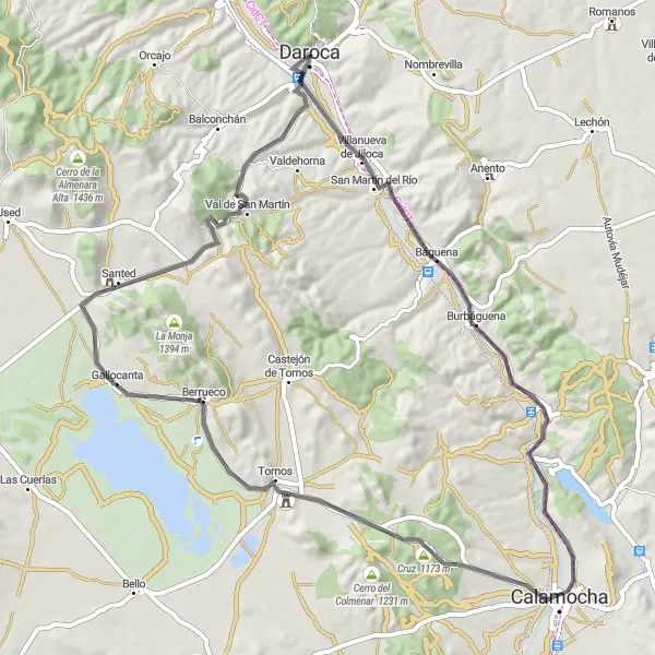 Map miniature of "Daroca Circuit via Villanueva de Jiloca" cycling inspiration in Aragón, Spain. Generated by Tarmacs.app cycling route planner