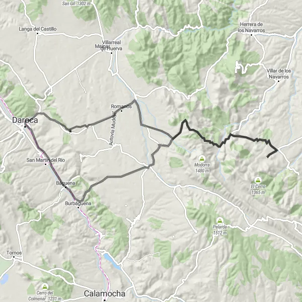 Miniatura della mappa di ispirazione al ciclismo "Giro in bicicletta verso Daroca" nella regione di Aragón, Spain. Generata da Tarmacs.app, pianificatore di rotte ciclistiche