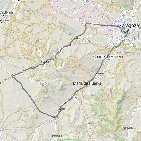 Map miniature of "Delicias to Miralbueno via La Muela" cycling inspiration in Aragón, Spain. Generated by Tarmacs.app cycling route planner