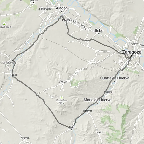 Miniatuurkaart van de fietsinspiratie "Ontdekkingstocht van 106 km naar Palacio de la Aljafería" in Aragón, Spain. Gemaakt door de Tarmacs.app fietsrouteplanner