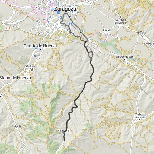Miniature de la carte de l'inspiration cycliste "Zaragoza Grand Tour" dans la Aragón, Spain. Générée par le planificateur d'itinéraire cycliste Tarmacs.app