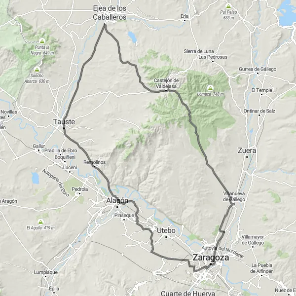 Miniatua del mapa de inspiración ciclista "Gran Ruta de Carretera a Villanueva de Gállego" en Aragón, Spain. Generado por Tarmacs.app planificador de rutas ciclistas