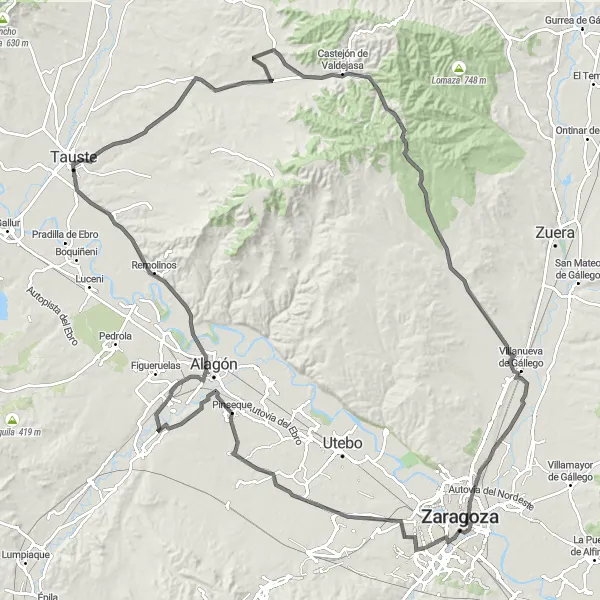 Miniatura della mappa di ispirazione al ciclismo "Escursione in bicicletta da Delicias - Tauste" nella regione di Aragón, Spain. Generata da Tarmacs.app, pianificatore di rotte ciclistiche