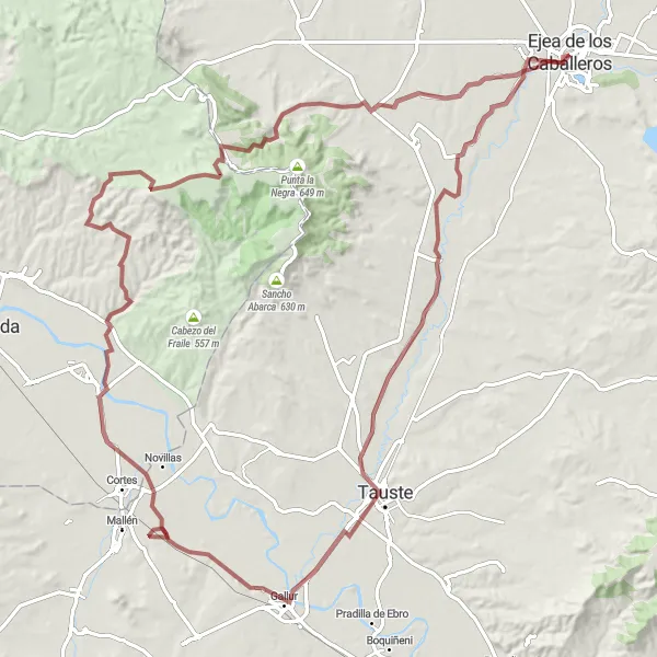 Miniatura della mappa di ispirazione al ciclismo "Avventura in bicicletta da Tauste a Ejea de los Caballeros" nella regione di Aragón, Spain. Generata da Tarmacs.app, pianificatore di rotte ciclistiche