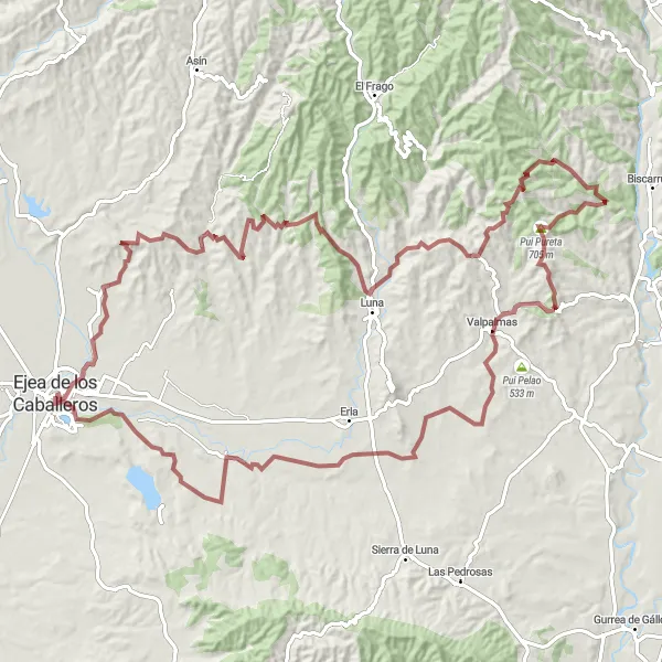 Miniaturní mapa "Gravelová cyklistická trasa z Ejea de los Caballeros" inspirace pro cyklisty v oblasti Aragón, Spain. Vytvořeno pomocí plánovače tras Tarmacs.app