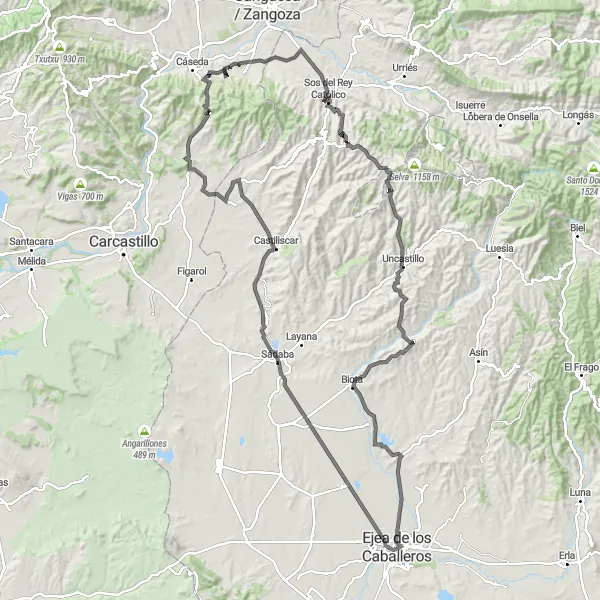 Map miniature of "Road Route: Sos del Rey Católico Loop" cycling inspiration in Aragón, Spain. Generated by Tarmacs.app cycling route planner