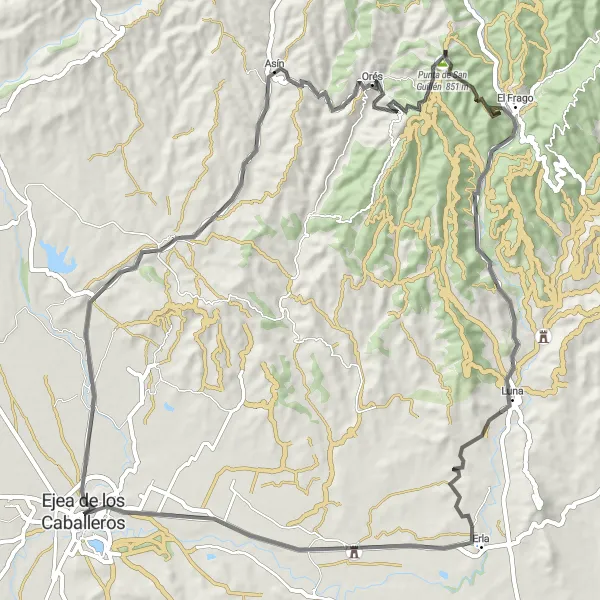 Miniatua del mapa de inspiración ciclista "Circuito de ciclismo de carretera cerca de Ejea de los Caballeros" en Aragón, Spain. Generado por Tarmacs.app planificador de rutas ciclistas