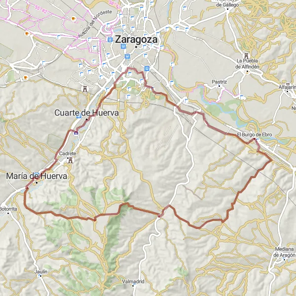 Miniatura della mappa di ispirazione al ciclismo "Scenic Gravel Route to María de Huerva" nella regione di Aragón, Spain. Generata da Tarmacs.app, pianificatore di rotte ciclistiche