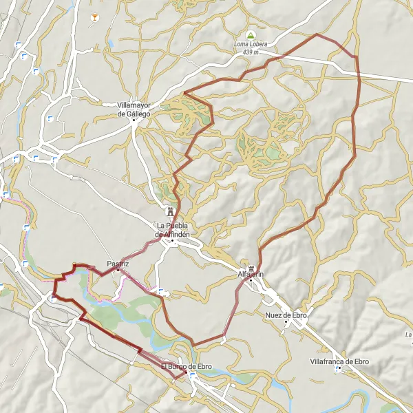 Miniatua del mapa de inspiración ciclista "Ruta de Grava a La Puebla de Alfindén" en Aragón, Spain. Generado por Tarmacs.app planificador de rutas ciclistas