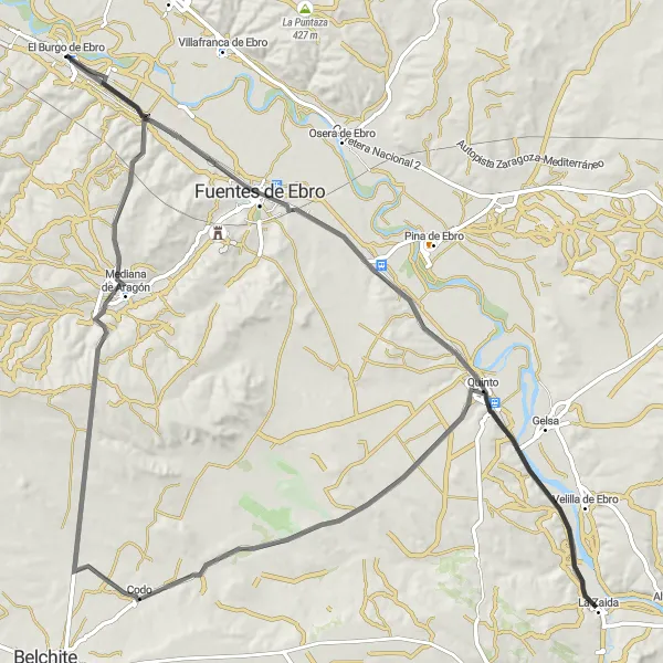 Map miniature of "Road Cycling Challenge: Fuentes de Ebro" cycling inspiration in Aragón, Spain. Generated by Tarmacs.app cycling route planner