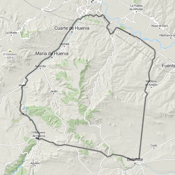 Miniatura della mappa di ispirazione al ciclismo "Il Giro delle Città dell'Ebro" nella regione di Aragón, Spain. Generata da Tarmacs.app, pianificatore di rotte ciclistiche