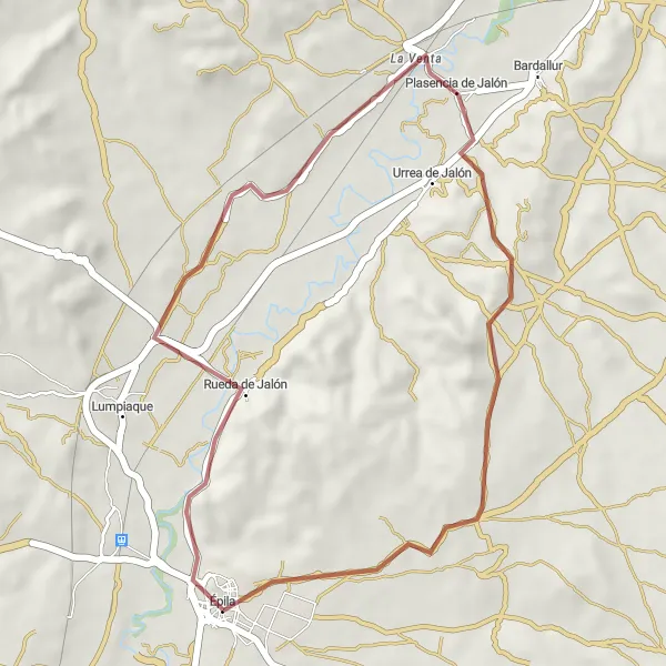 Miniatura della mappa di ispirazione al ciclismo "Tour in bicicletta off-road da Épila a Rueda de Jalón" nella regione di Aragón, Spain. Generata da Tarmacs.app, pianificatore di rotte ciclistiche