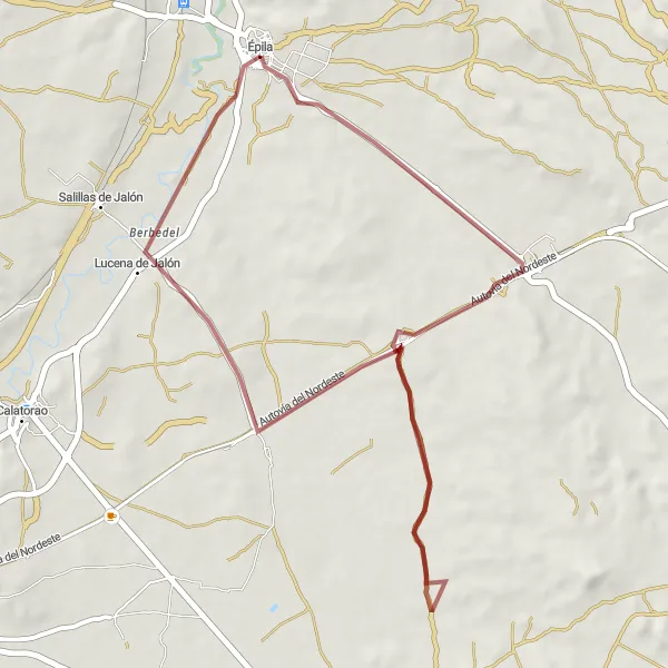 Map miniature of "Épila-Lucena de Jalón Gravel Route" cycling inspiration in Aragón, Spain. Generated by Tarmacs.app cycling route planner