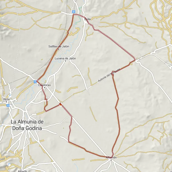 Miniatura della mappa di ispirazione al ciclismo "Percorso in bicicletta da Épila a Palacio del Conde de Aranda" nella regione di Aragón, Spain. Generata da Tarmacs.app, pianificatore di rotte ciclistiche