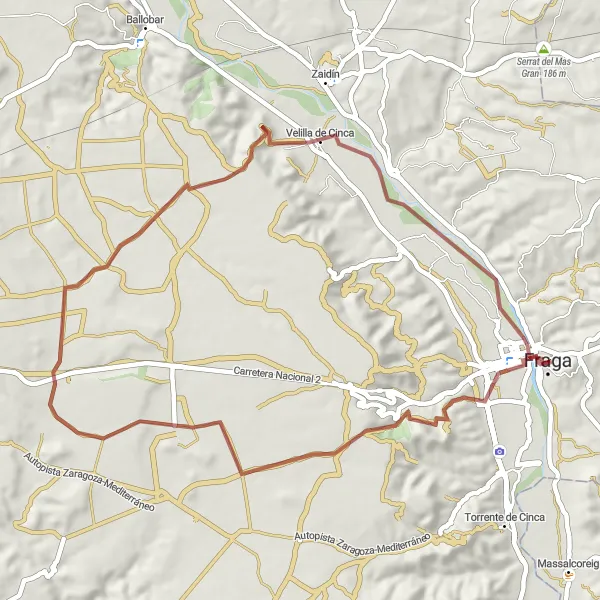 Map miniature of "Fraga Gravel Escape" cycling inspiration in Aragón, Spain. Generated by Tarmacs.app cycling route planner