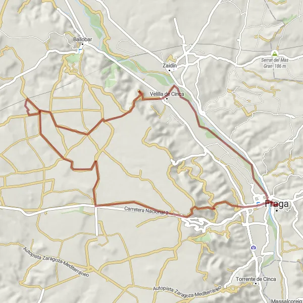 Map miniature of "Countryside Gravel Adventure from Fraga" cycling inspiration in Aragón, Spain. Generated by Tarmacs.app cycling route planner