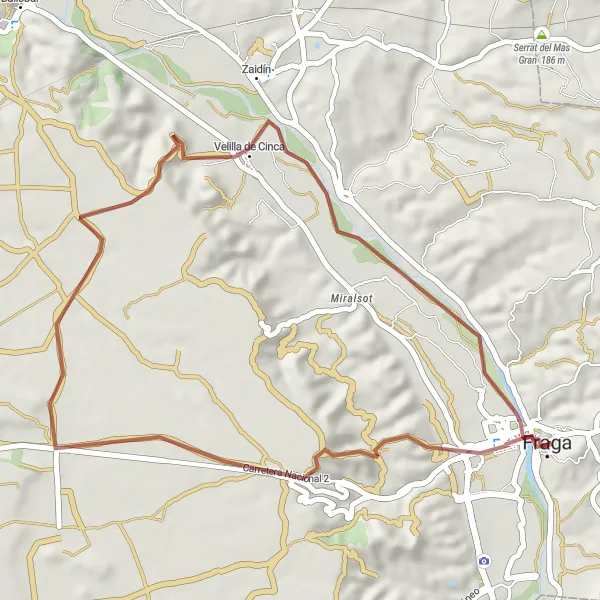 Map miniature of "Fraga Gravel Adventure" cycling inspiration in Aragón, Spain. Generated by Tarmacs.app cycling route planner