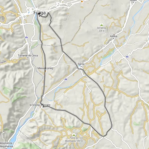 Map miniature of "Seròs and Tossal de les Roques Challenge" cycling inspiration in Aragón, Spain. Generated by Tarmacs.app cycling route planner